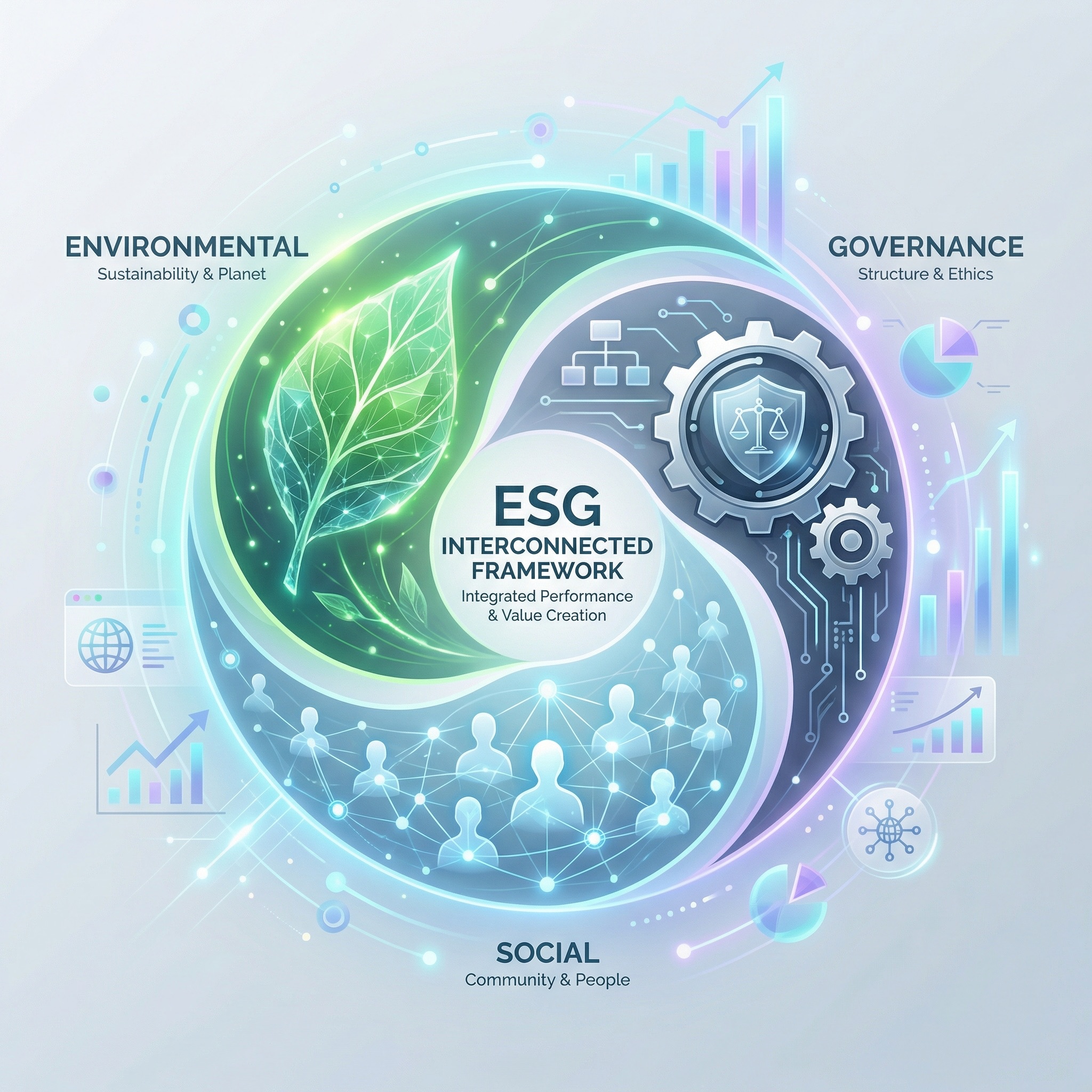 Rappresentazione visiva dei tre pilastri ESG - Infografica con icone e concetti di ambiente, sociale e governance interconnessi in un ecosistema digitale sostenibile