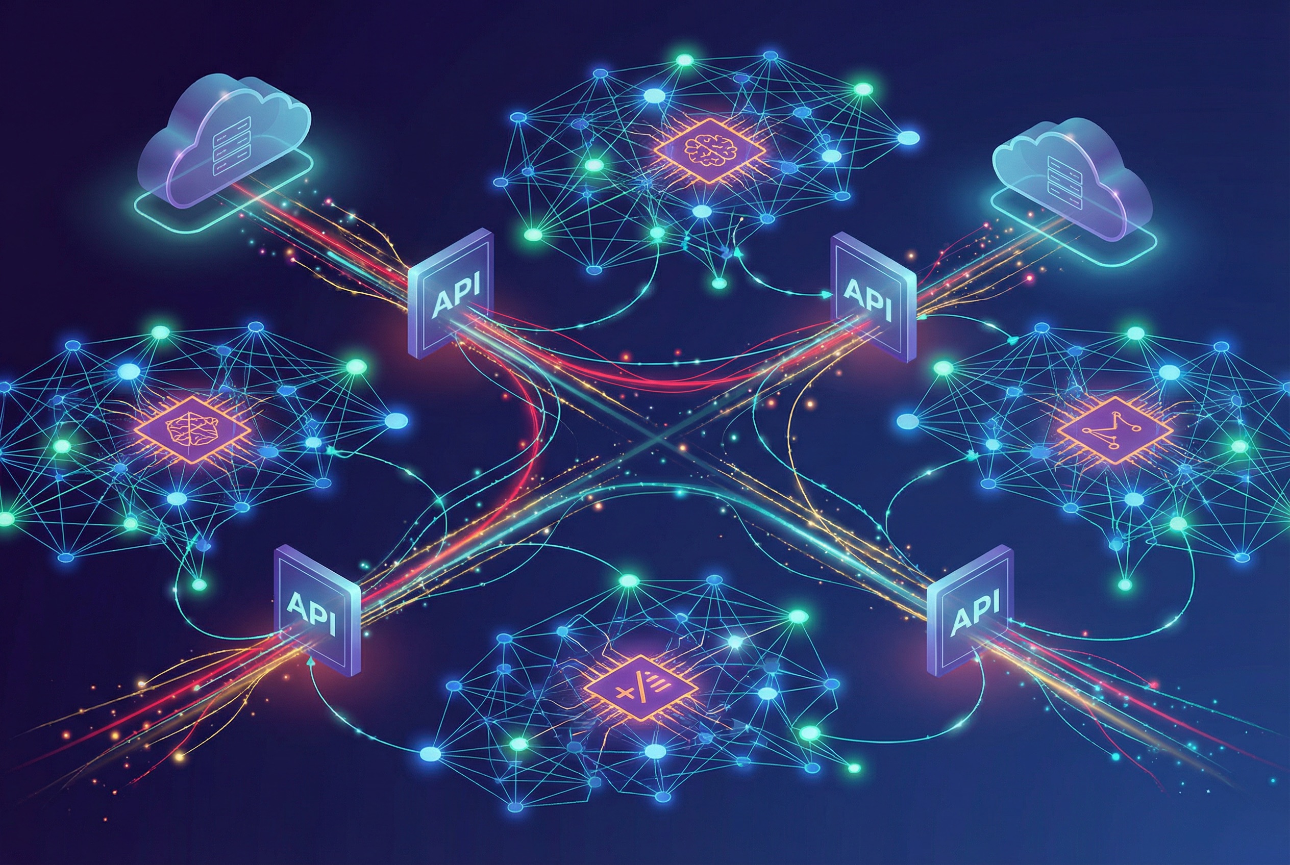Tecnologie AI in azione - Visualizzazione di architettura software con neural networks, data flows, API integrations e cloud infrastructure