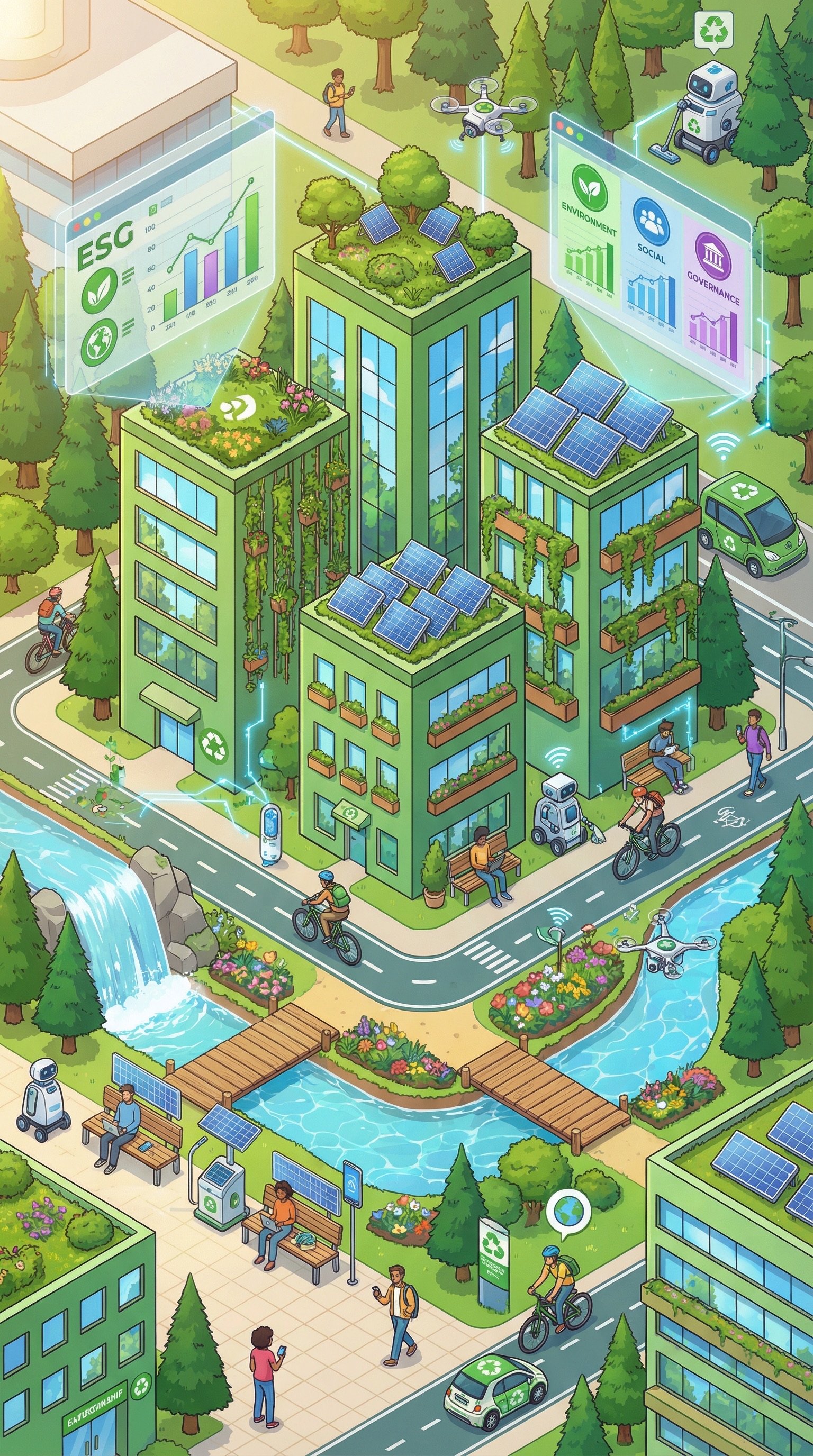 Visione futura di ESG Solutions - Illustrazione concettuale di organizzazione sostenibile con elementi digitali, natura e persone che interagiscono con tecnologie AI per la sostenibilità