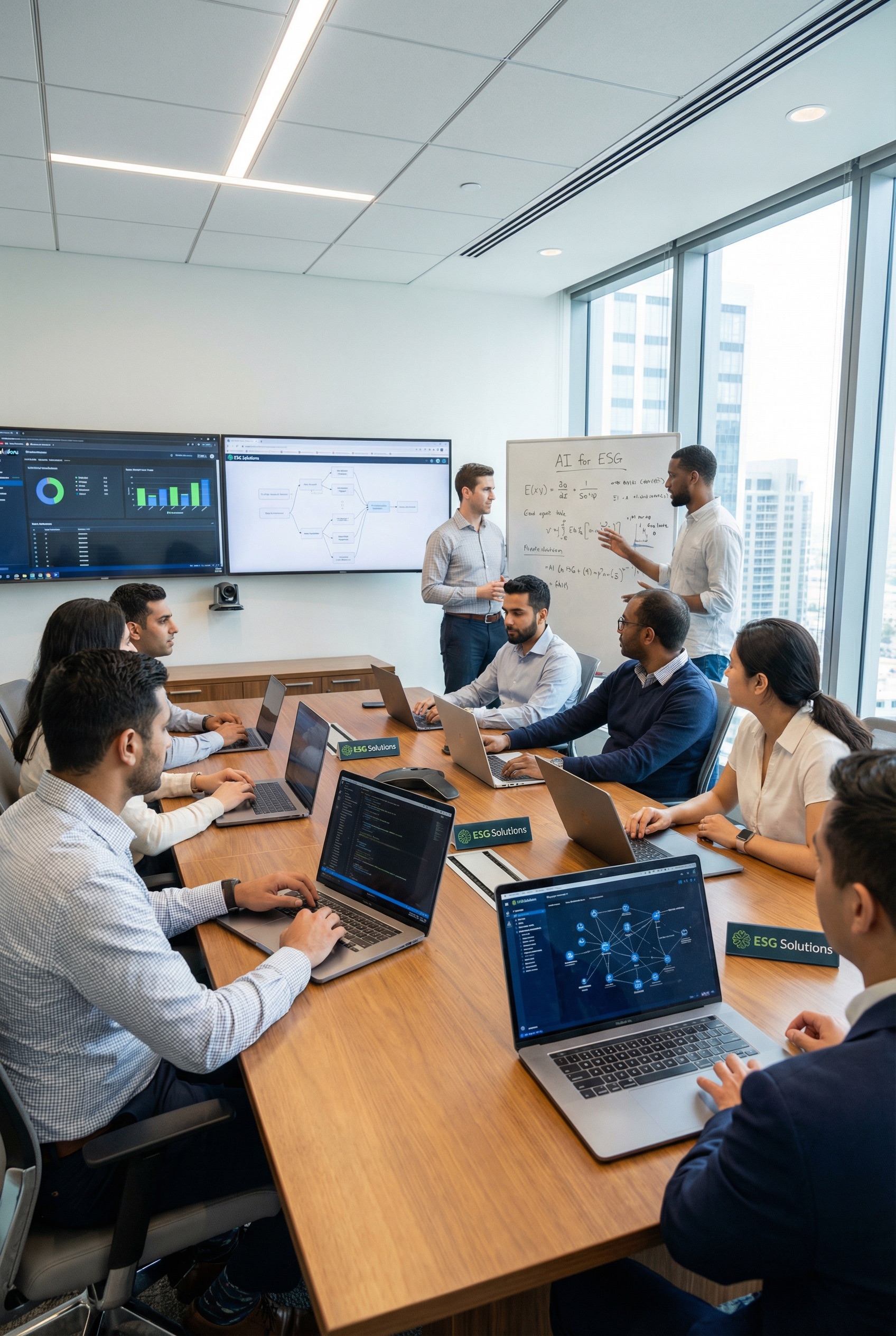 Team ESG Solutions al lavoro su progetti innovativi - Gruppo di professionisti che collaborano davanti a schermi con codice e visualizzazioni AI